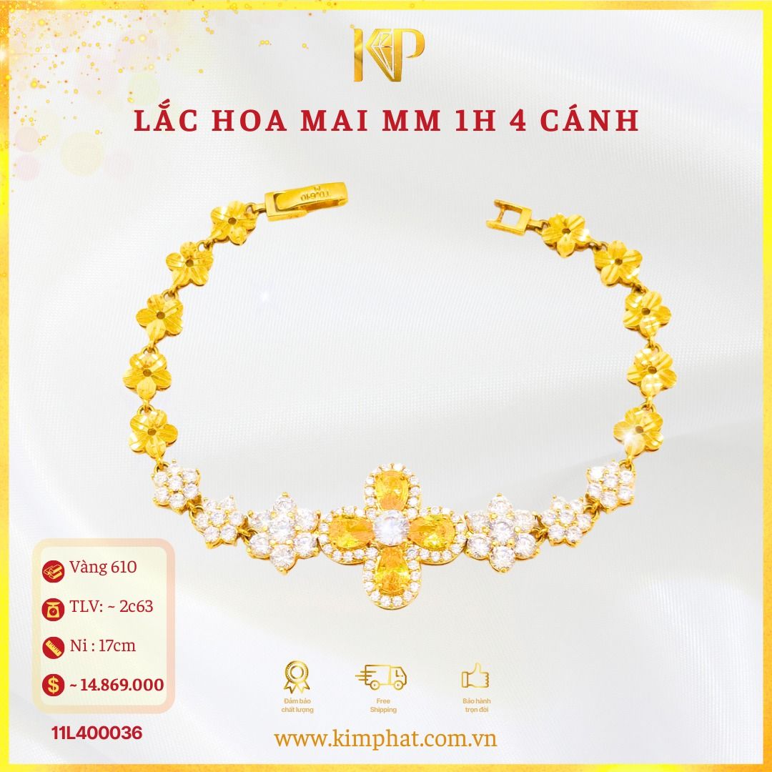 Lắc Hoa 4 Cánh Vàng Viền Tấm Vàng 610 KIM PHÁT