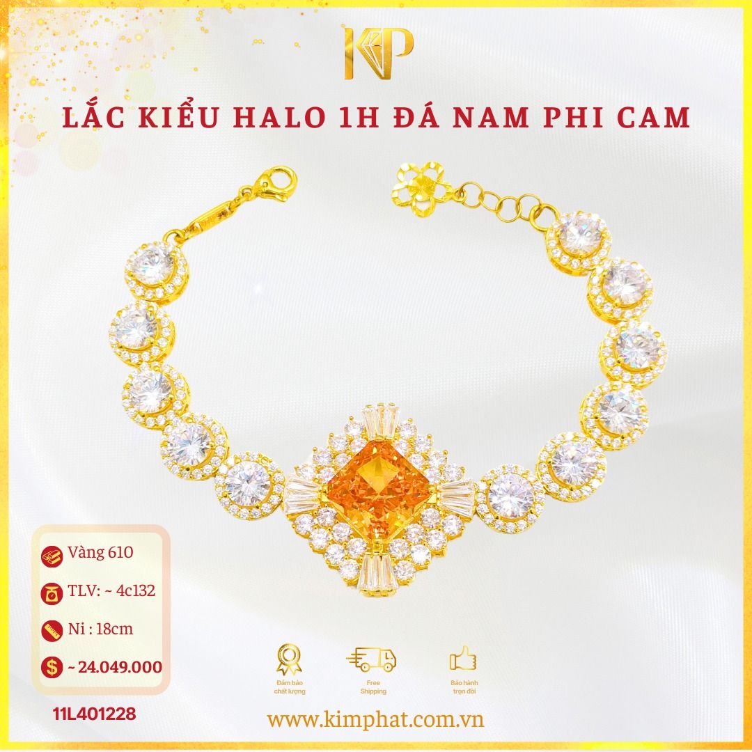 Lắc Đá Nam Phi Cam Thoi Đai Halo Vàng 610 KIM PHÁT