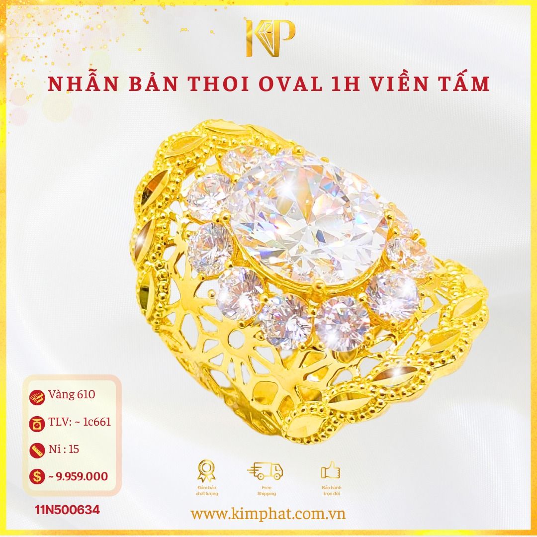 Nhẫn Bản Lưới 1 Hột Oval Viền Tấm Vàng 610 KIM PHÁT