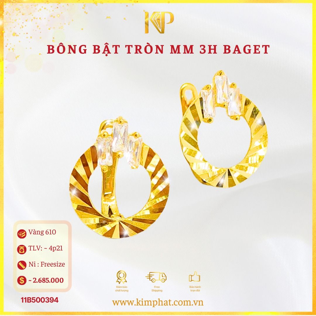 Bông Tai Bật Tròn Móc Máy Baget Vàng 610 KIM PHÁT