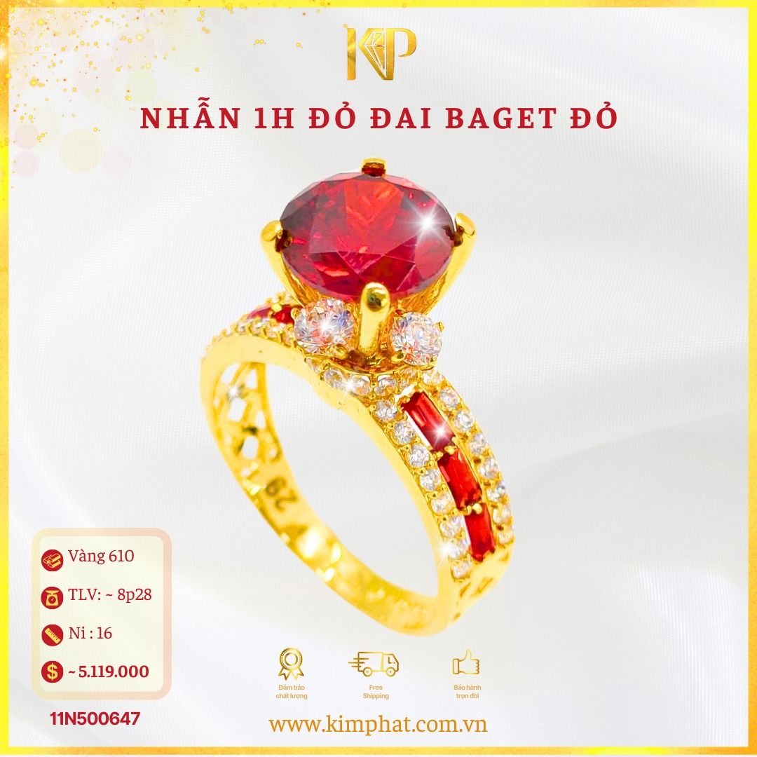 Nhẫn 1 Hột Đỏ Đai Baget Đỏ Vàng 610 KIM PHÁT