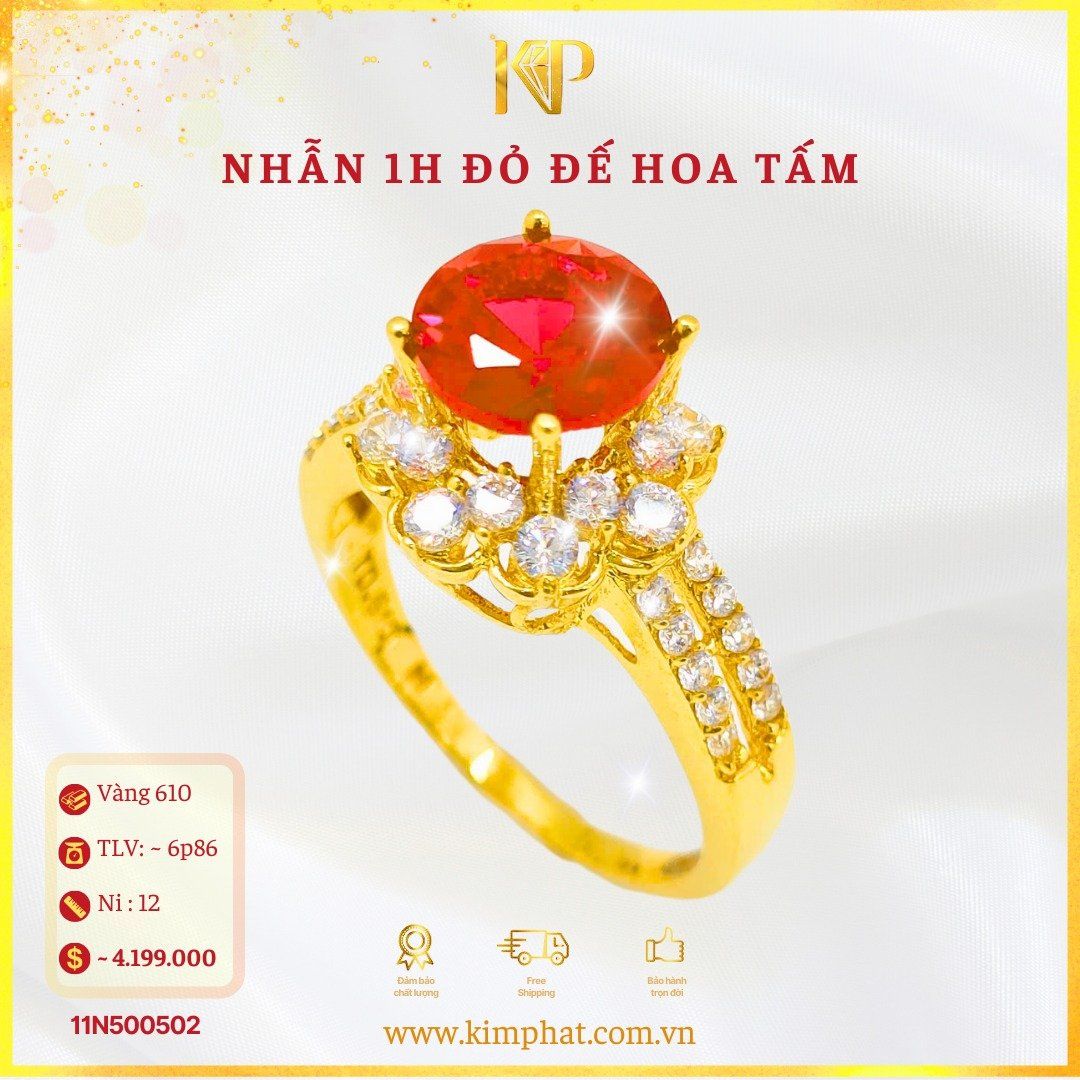 Nhẫn 1 Hột Đỏ Đế Hoa Tấm Vàng 610 KIM PHÁT
