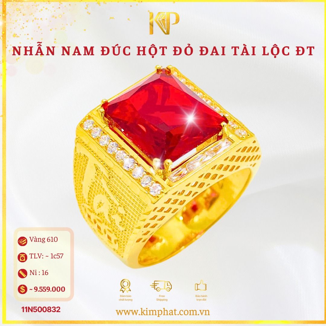 Nhẫn Nam Đúc Vuông Đỏ Đai Tài Lộc Vàng 610 KIM PHÁT
