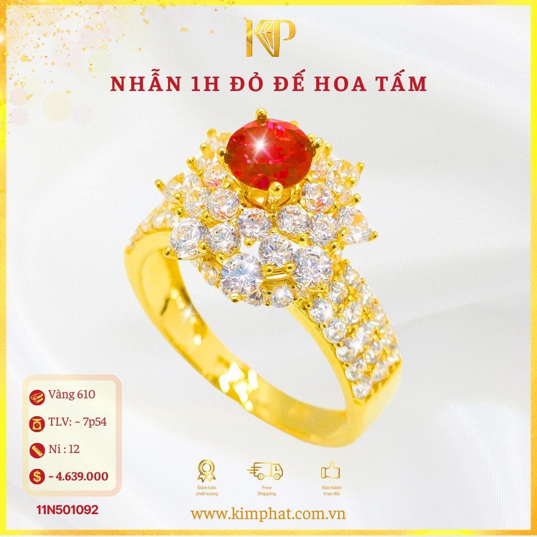 Nhẫn 1 Hột Đỏ Đế Hoa Tấm 2 Tầng Vàng 610 KIM PHÁT