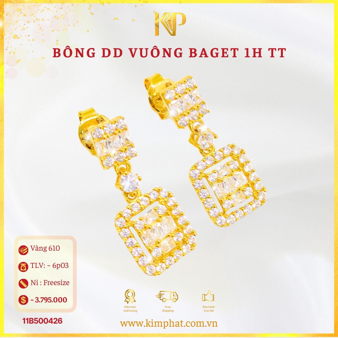 Bông Tai Đẩy Tòn Ten Vuông Baget Vàng 610 KIM PHÁT
