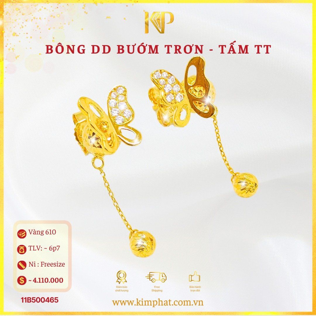 Bông Tai Đẩy Bướm Tòn Ten Bi Vàng 610 KIM PHÁT