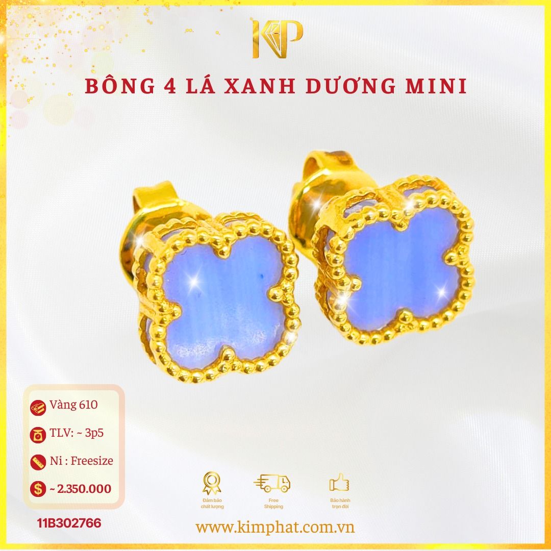 Bông Tai 4 Lá Xanh Dương Vàng 610 KIM PHÁT