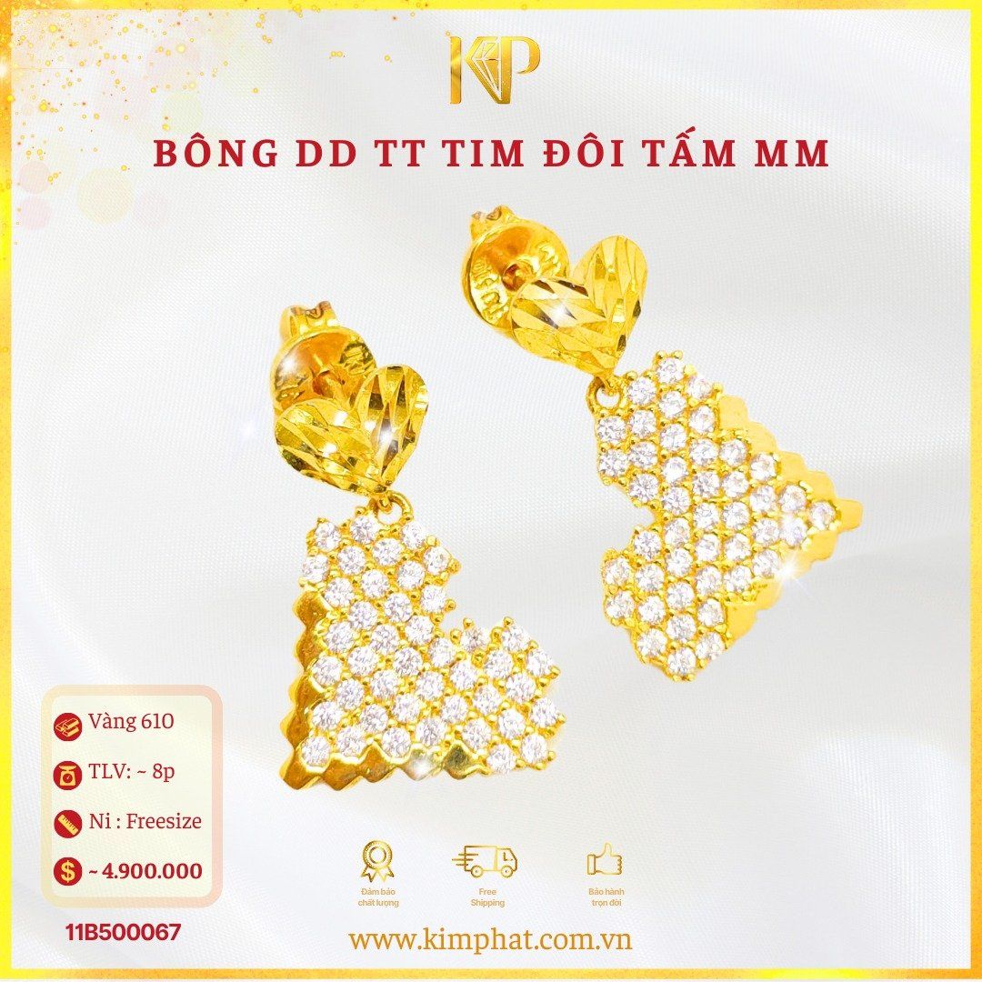 Bông Tai Đẩy Tòn Ten Tim Tấm Vàng 610 KIM PHÁT