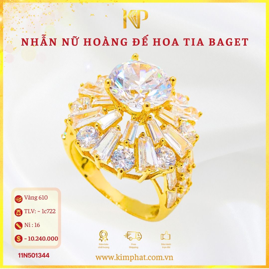 Nhẫn 1 Hột Đế Hoa Tia Baget Vàng 610 KIM PHÁT