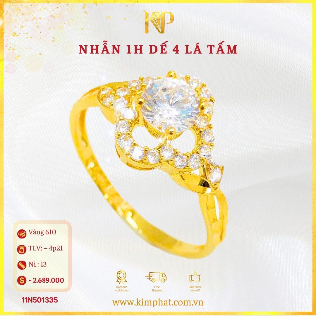 Nhẫn 1 Hột Đế 4 Lá Tấm Vàng 610 KIM PHÁT
