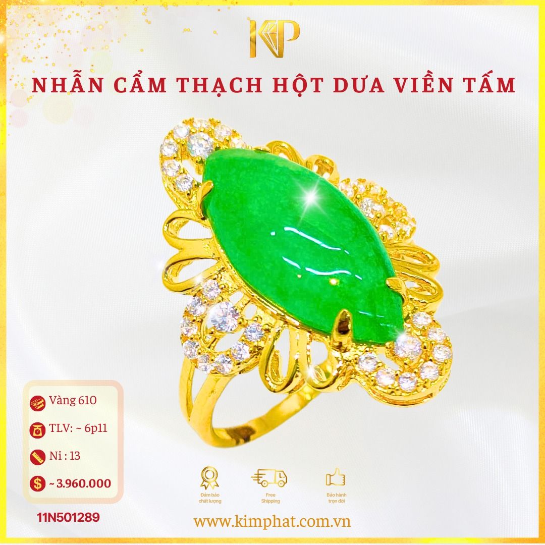 Nhẫn Cẩm Thạch Hột Dưa Viền Hoa Tấm Vàng 610 KIM PHÁT