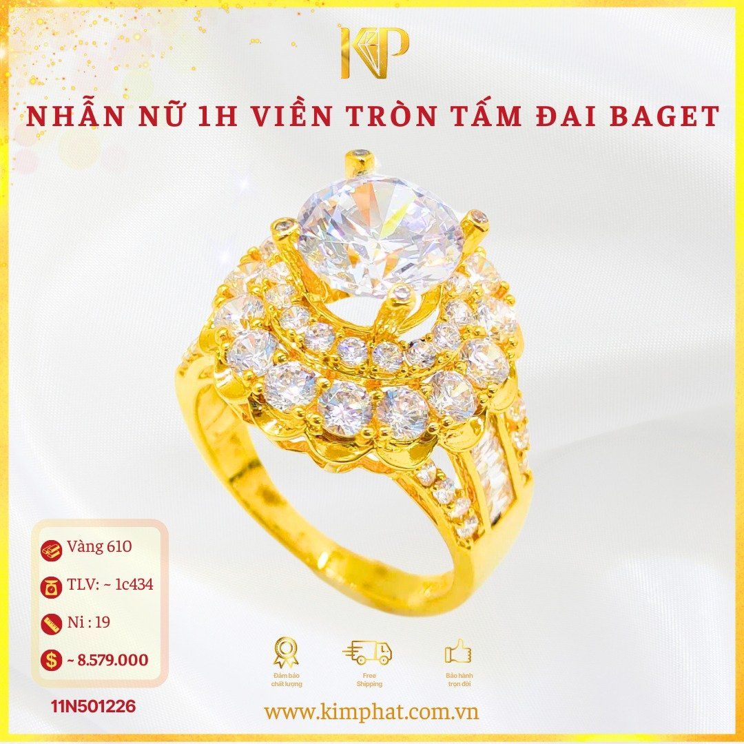 Nhẫn 1 Hột Viền Tròn Tấm Đai Baget Vàng 610 KIM PHÁT