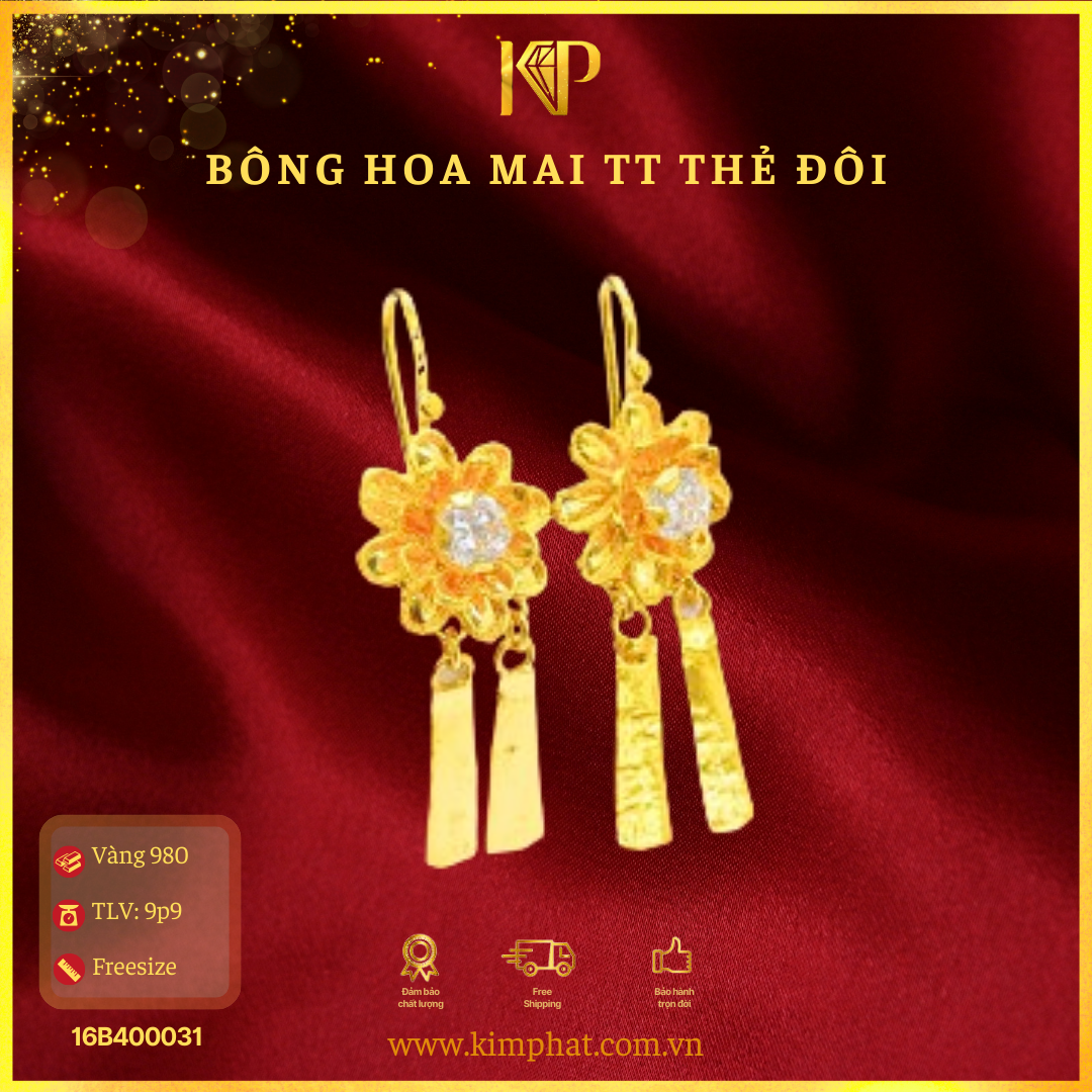 Bông Tai Hoa 2 Tầng Tòn Ten Thẻ Vàng 24K KIM PHÁT