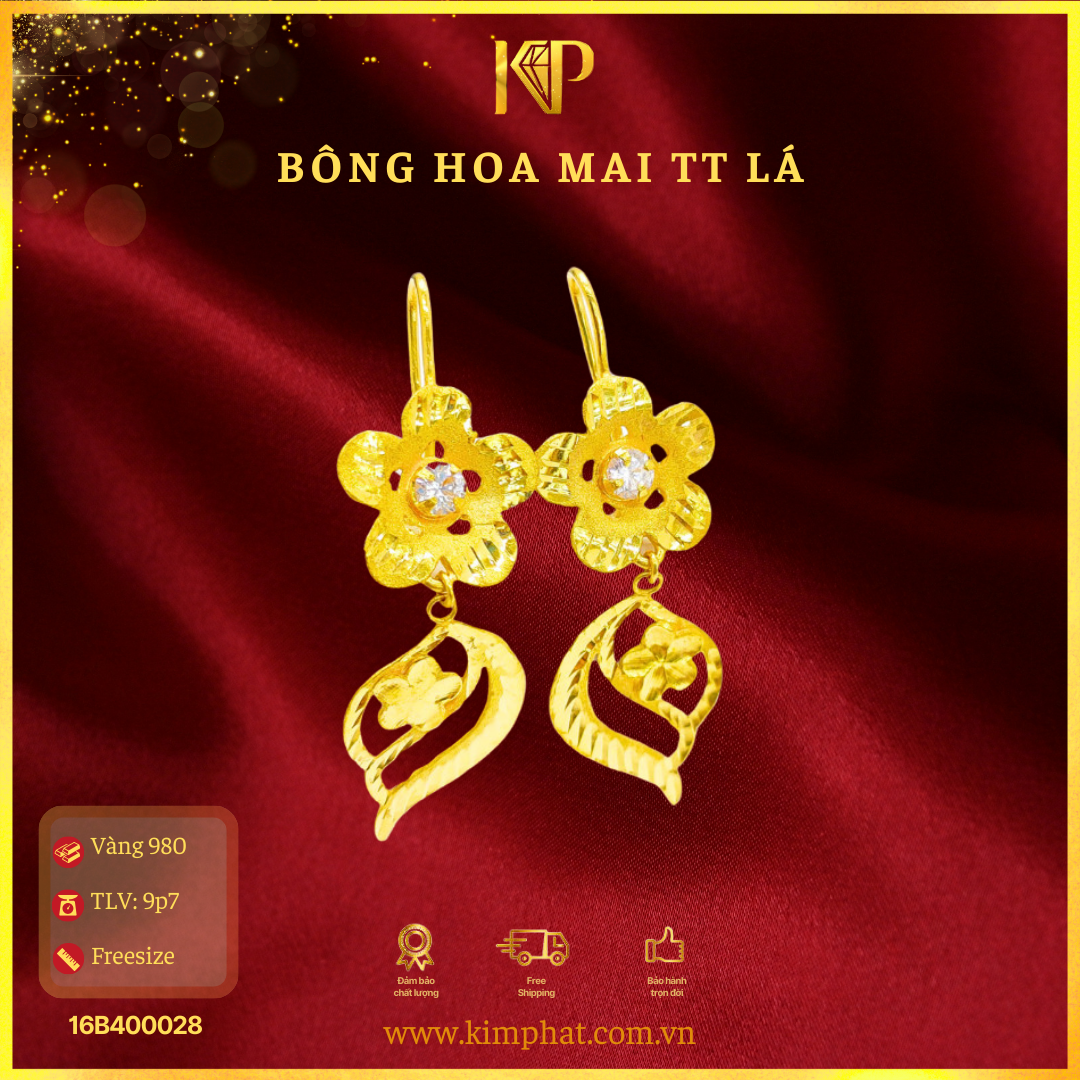 Bông Tai Hoa Mai Tòn Ten Lá Vàng 24K Kim Phát