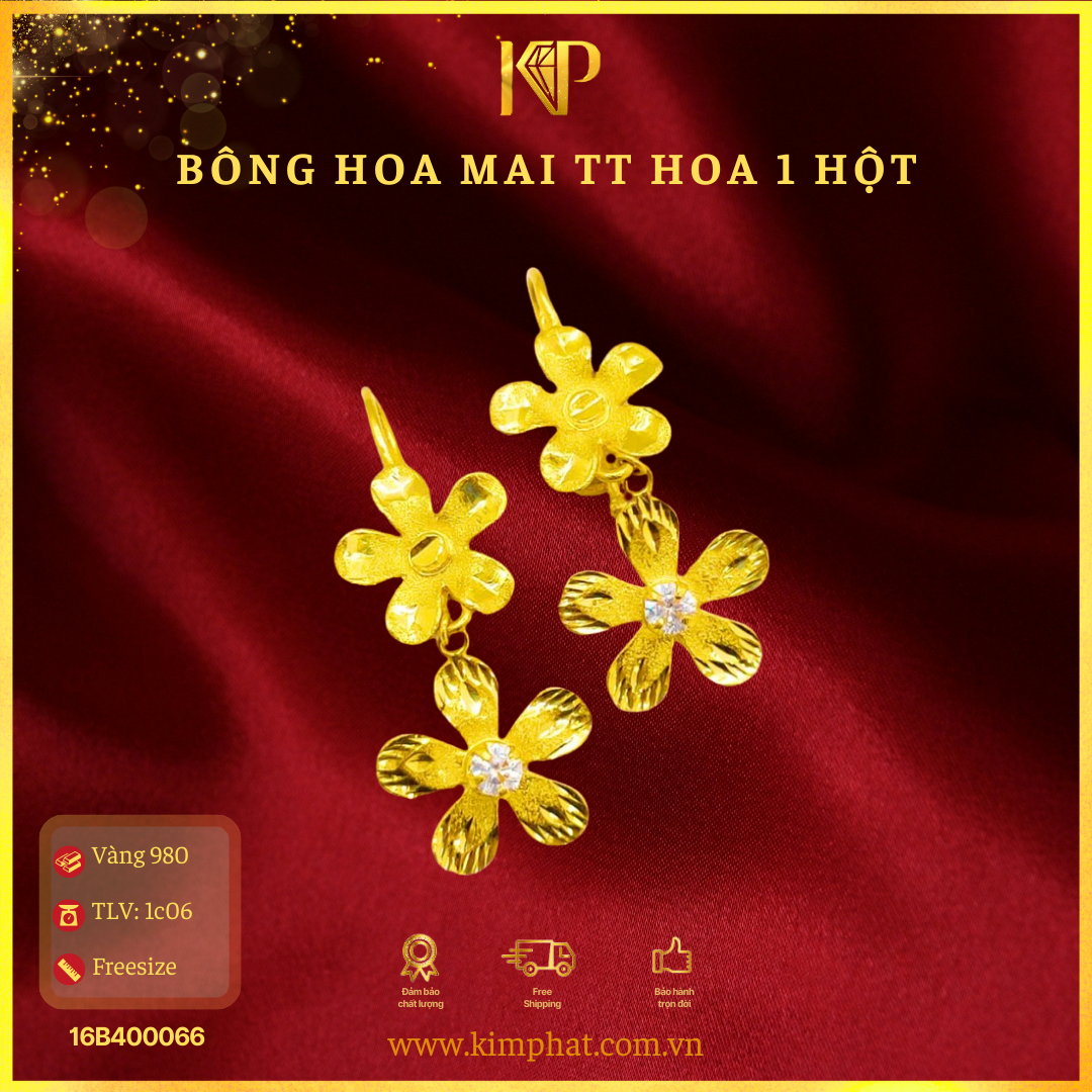 Bông Tai Hoa Mai Tòn Ten Hoa 1 Hột Vàng 24K Kim Phát