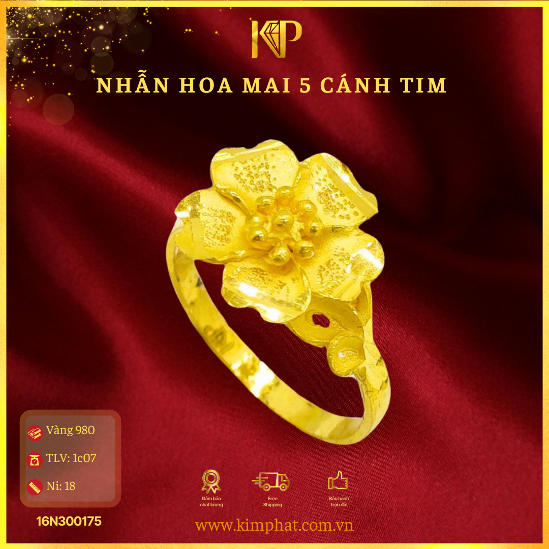 Nhẫn Hoa Mai 5 Cánh Tim Vàng 24K KIM PHÁT