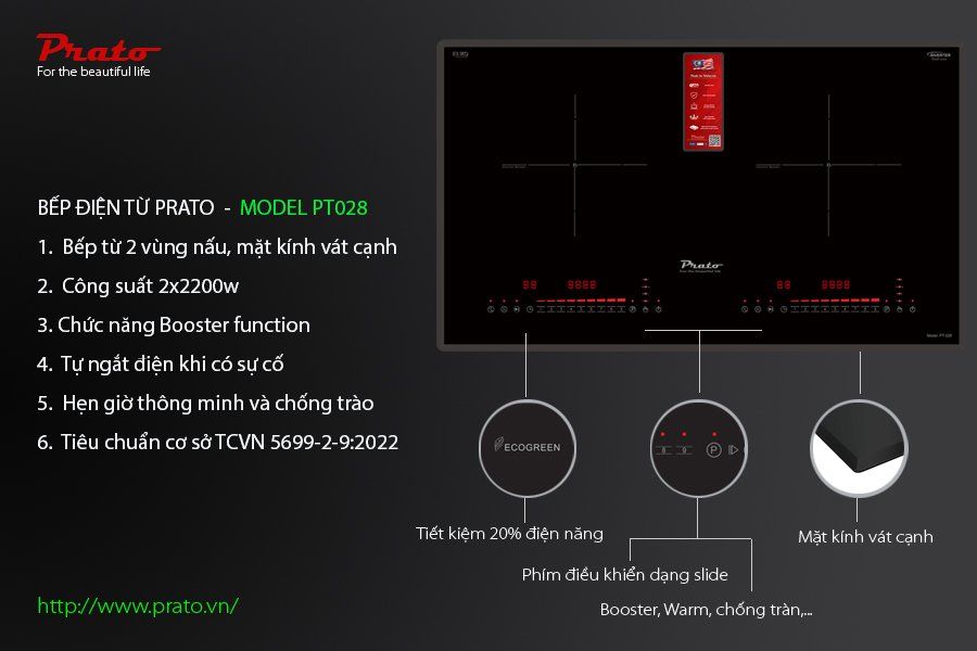 Bếp từ Prato PT-028 2 vùng nấu vát cạnh