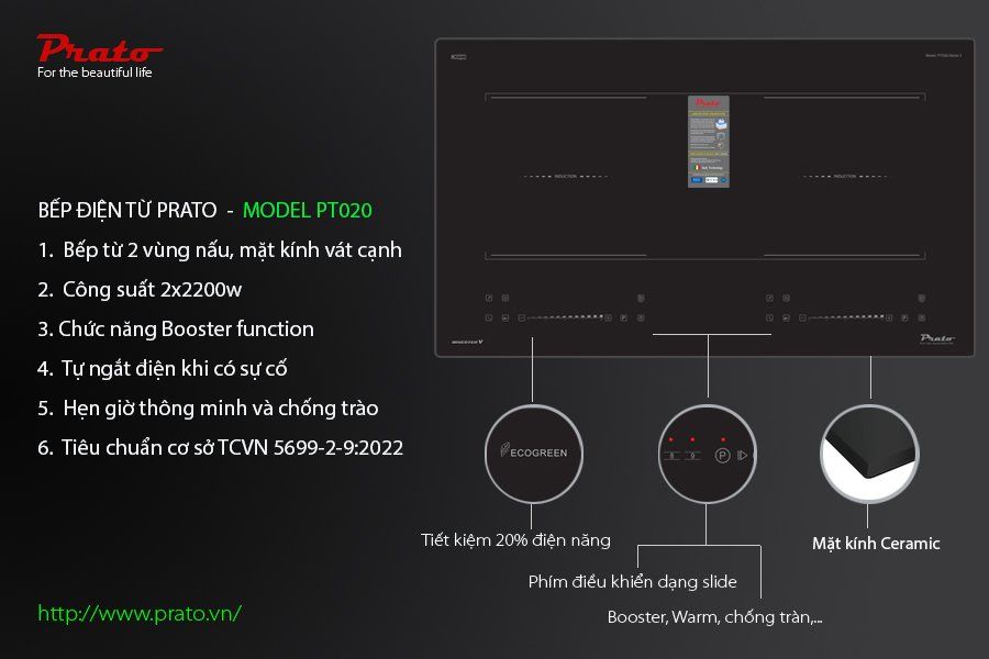 Bếp từ Prato PT020 2 vùng nấu