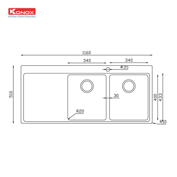 Kích thước Chậu rửa bát Konox Turkey Miro 1160