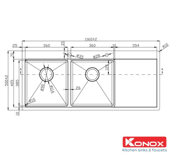 Kích thước Chậu rửa bát Konox Workstation - Topmount Sink KN11650TD