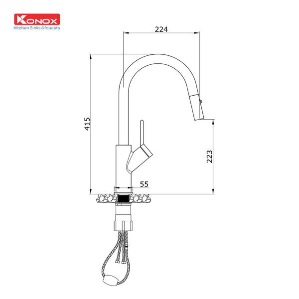 Vòi rửa bát rút dây Konox Ponte Chrome kích thước