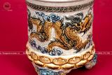 Bát hương song long chầu nguyệt ba chân men rạn xanh lam điểm vàng đường kính 25cm họa tiết đắp nổi