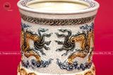 Bát hương song long chầu nguyệt ba chân men rạn xanh lam điểm vàng đường kính 25cm họa tiết đắp nổi