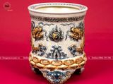 Bát hương song long chầu nguyệt ba chân men rạn xanh lam điểm vàng đường kính 25cm họa tiết đắp nổi