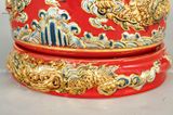 Bát hương song long chầu nguyệt men sứ đỏ đường kính 35cm họa tiết đắp nổi vẽ vàng