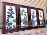 Tranh Tứ Quý men sứ xanh lam kích thước 96x42cm đắp nổi dát vàng 24K khung gỗ gụ | Quà Tặng Bố tranh tứ quý Bát Tràng