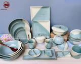 Bộ bát ăn gốm sứ Bát Tràng men sứ trắng xanh 24 vật phẩm