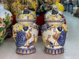 Đôi chóe sú đắp nổi chim công hoa đào cao 55cm