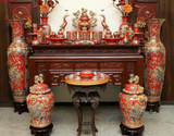Bộ Đồ Thờ Bát Tràng đầy đủ dâng ban gia tiên men sứ đỏ đắp nổi vẽ vàng 42 vật phẩm | Bộ Thờ Cúng Gia Tiên Bát Tràng
