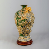 Mai bình công danh phú quý men màu xanh bộ đội đắp nổi vẽ vàng kích thước cao 55cm