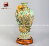 Mai bình công danh phú quý men sứ xanh ngọc kích thước cao 48cm đắp nổi vẽ vàng 24k