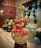 Hồ Lô Phong Thủy kim long ngàn hoa đắp nổi vẽ vàng 24k men sứ đỏ chuẩn Bát Tràng kích thước 110cm | Quà Tặng Phong Thủy hồ lô gốm sứ