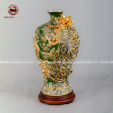Mai bình công danh phú quý men màu xanh bộ đội đắp nổi vẽ vàng kích thước cao 55cm