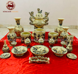 Bộ Đồ Thờ Bát Tràng họa tiết song long hoa sen men chu đậu vẽ vàng 24k 21 vật phẩm | Bộ Thờ Cúng Gia Tiên Bát Tràng