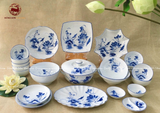 Bộ bát ăn gốm sứ Bát Tràng họa tiết hoa sen men lam 21 vật phẩm