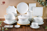 Bộ bát ăn gốm sứ Bát Tràng men sứ trắng viền vàng 29 vật phẩm