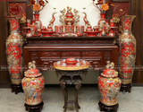 Bộ Đồ Thờ Bát Tràng đầy đủ dâng ban gia tiên men sứ đỏ đắp nổi vẽ vàng 42 vật phẩm | Bộ Thờ Cúng Gia Tiên Bát Tràng