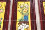 Tranh Tứ Bình men sứ vàng kích thước 95x45cm đắp nổi khung gỗ gụ | Quà Tặng Bố tranh tứ bình