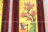 Tranh Tứ Bình men sứ vàng kích thước 95x45cm đắp nổi khung gỗ gụ | Quà Tặng Bố tranh tứ bình