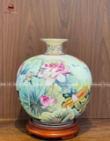 Bình Hút Tài Lộc gốm Bát Tràng họa tiết sen cá 3d men màu vẽ vàng kích thước 40cm