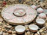 Bộ bát ăn gốm sứ Bát Tràng hoa mặt trời men sứ đỏ chấm bi 15 vật phẩm