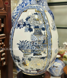 Trứng phong thủy gốm Bát Tràng tứ quý cổ đồ nền trắng vẽ lam vẽ vàng 24k kích thước 60cm