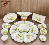 Bộ bát ăn gốm sứ Bát Tràng hoa mặt trời hoa sen men sứ trắng 18 vật phẩm
