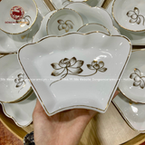 Bộ bát ăn gốm sứ Bát Tràng hoa mặt trời men sứ trắng vẽ vàng 15 vật phẩm