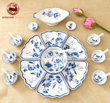 Bộ bát ăn gốm sứ Bát Tràng hoa mặt trời hoa sen men lam 19 vật phẩm