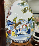 Trứng phong thủy gốm Bát Tràng bách nhi đồ nền trắng vẽ lam vẽ vàng 24k kích thước 40cm